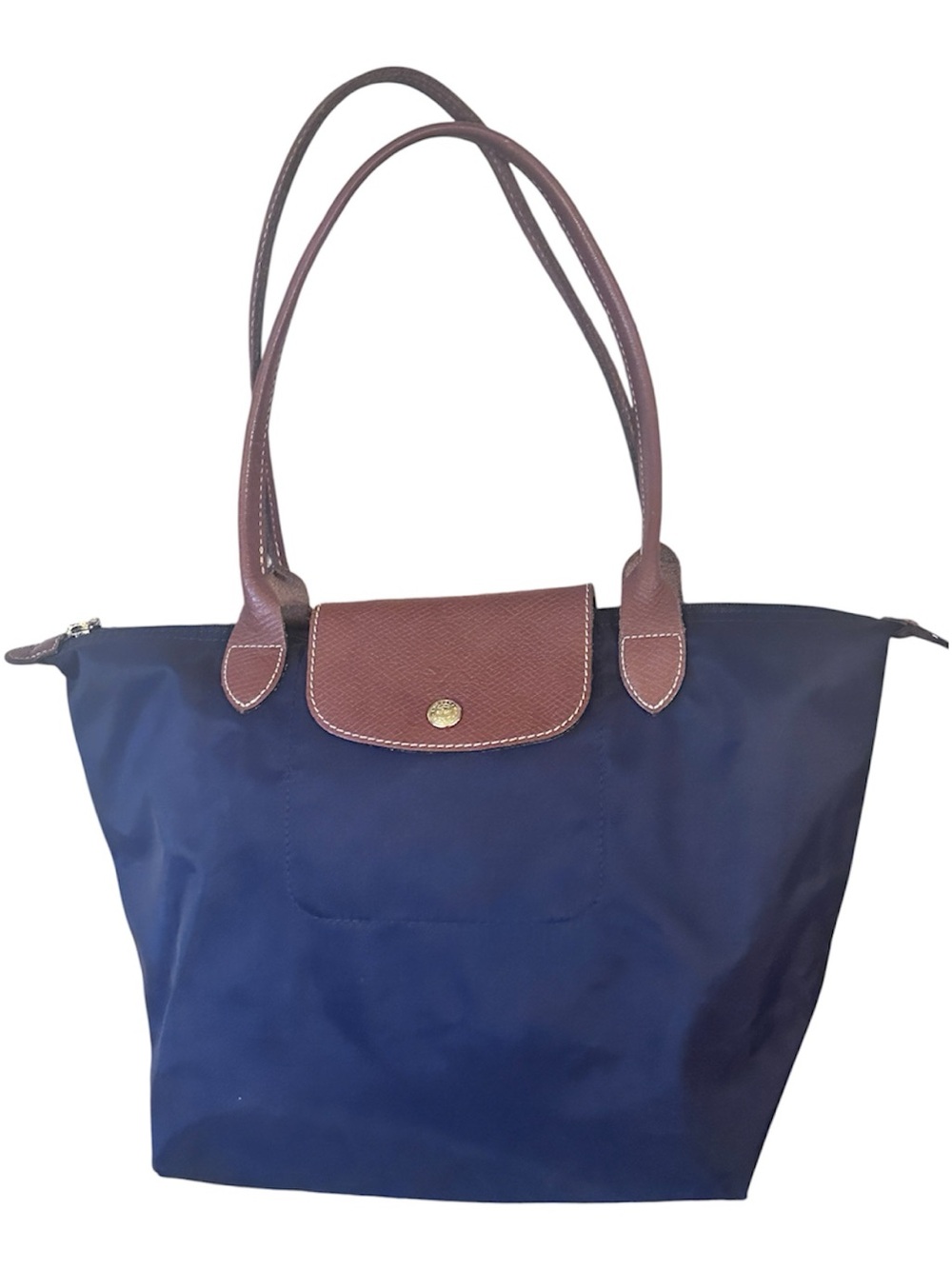 Longchamp Navy Blue Tote with Brown Leather Trim